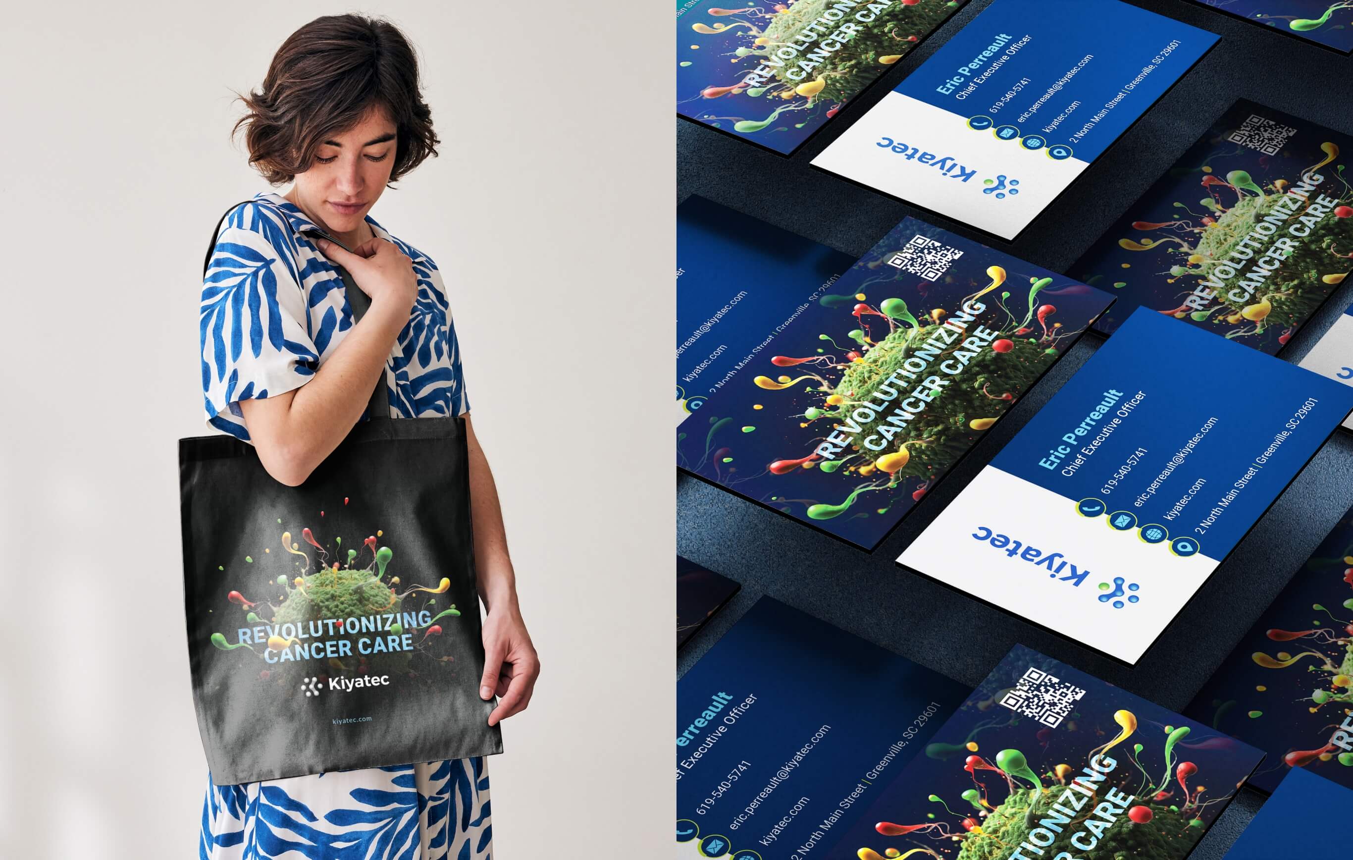 Woman with bag with Kiyatec print materials