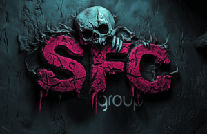 decorative SFC logo made on the wall. Covered in creepy paint splatters and a skull with claws