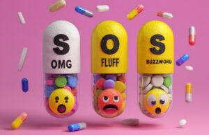 A stylized image shows three large, transparent pills labeled with the letters "SOS" on their top halves. The pills are floating on a pink background, with various other smaller pills scattered around them. The first large pill, which has a white top, contains smaller pills and an emoji with a surprised expression. The words "OMG" are written on its side. The second large pill, with a yellow top, contains smaller pills and an angry-faced emoji. It's labeled "FLUFF." The third large pill, also with a yellow top, contains smaller pills and a startled emoji. It's labeled "BUZZWORD."