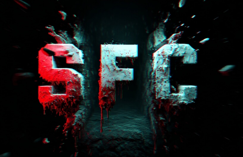 The letters "SFC" are rendered in a thick, distressed 3D font, colored white and red, with a dripping, almost bloody effect, and a blue/cyan anaglyph shadow. They are set against a dark, blurry background that resembles a cavern or tunnel, creating a spooky and unsettling image.