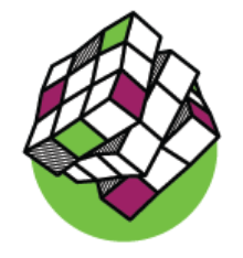 Partially scrambled Rubik's cube with white, green, and pink stickers visible, tilted, on green circle.